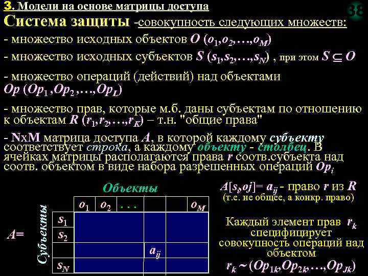 3. Модели на основе матрицы доступа 38 Система защиты совокупность следующих множеств: множество исходных