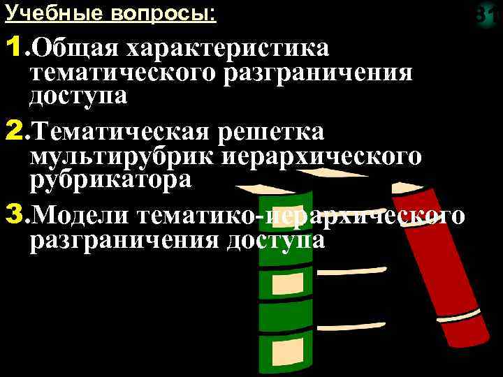 Учебные вопросы: 81 1. Общая характеристика тематического разграничения доступа 2. Тематическая решетка мультирубрик иерархического