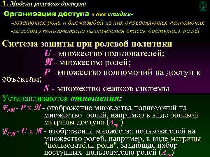 1. Модели ролевого доступа 99 Организация доступа в две стадии- -создаются роли и для
