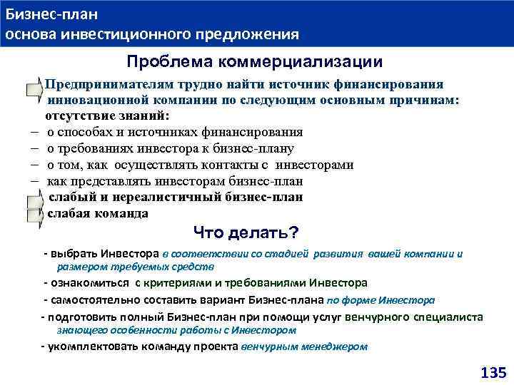 Бизнес план основа инвестиционного предложения Проблема коммерциализации Предпринимателям трудно найти источник финансирования инновационной компании