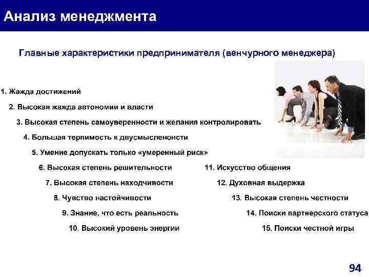 Анализ менеджмента Главные характеристики предпринимателя (венчурного менеджера) 94 