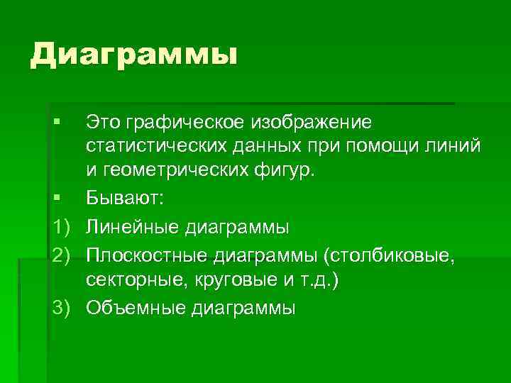 Диаграммы § § 1) 2) 3) Это графическое изображение статистических данных при помощи линий