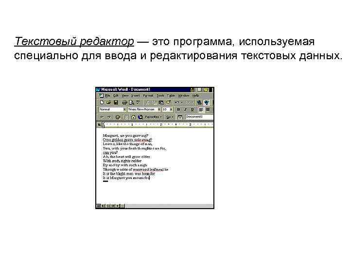 Текстовый редактор — это программа, используемая специально для ввода и редактирования текстовых данных. 