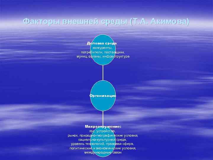 Факторы внешней среды (Т. А. Акимова) Деловая среда: конкуренты, потребители, поставщики, муниц. органы, инфраструктура