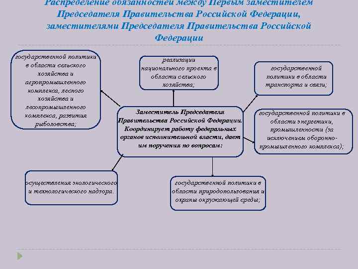Распределение обязанностей между Первым заместителем Председателя Правительства Российской Федерации, заместителями Председателя Правительства Российской Федерации