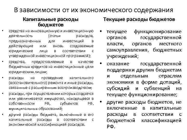 В зависимости от их экономического содержания Капитальные расходы бюджетов • • • средства на