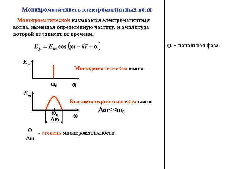 Монохроматичность электромагнитных волн Монохроматической называется электромагнитная волна, имеющая определенную частоту, и амплитуда которой не