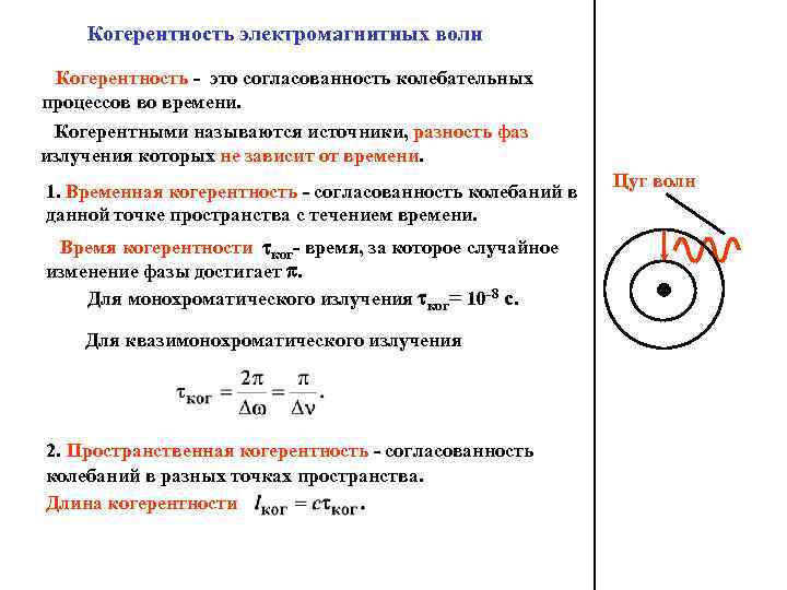Когерентность электромагнитных волн Когерентность - это согласованность колебательных процессов во времени. Когерентными называются источники,