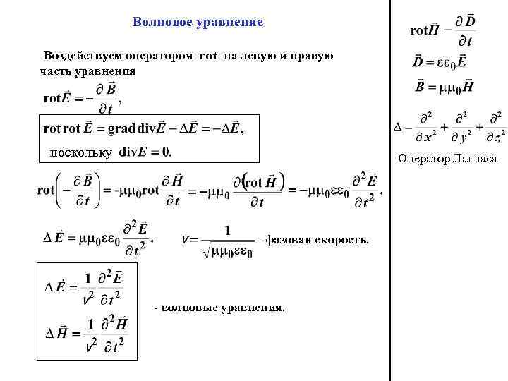 Волновое уравнение на левую и правую Воздействуем оператором часть уравнения поскольку Оператор Лапласа -