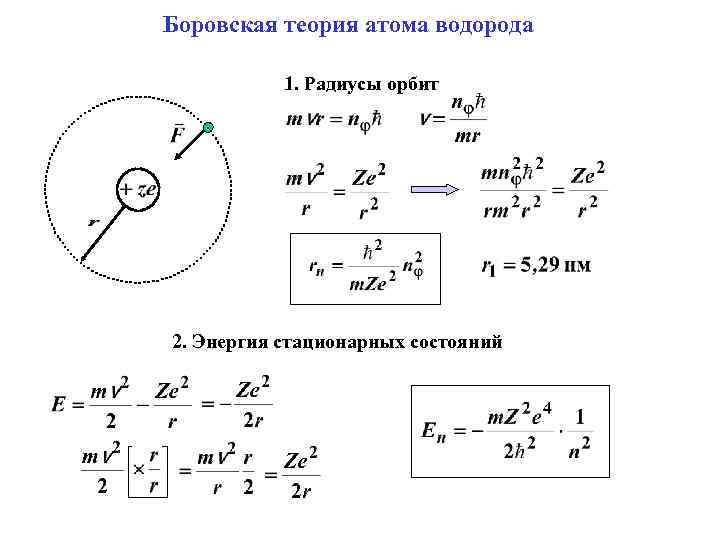 Радиус стационарных орбит. Боровская теория водородоподобного атома. Боровская теория атома водорода. Элементарная Боровская теория водородного атома. Элементарная теория Бора атома водорода..