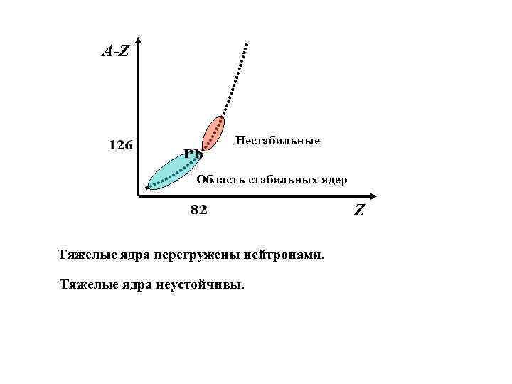 A-Z Нестабильные Область стабильных ядер Z Тяжелые ядра перегружены нейтронами. Тяжелые ядра неустойчивы. 