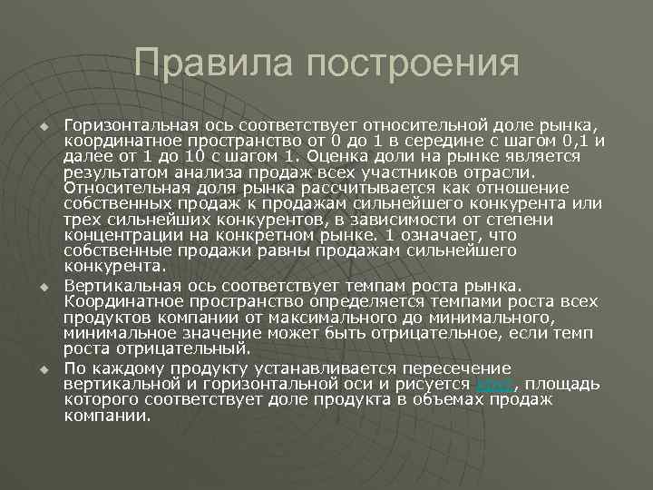 Правила построения u u u Горизонтальная ось соответствует относительной доле рынка, координатное пространство от