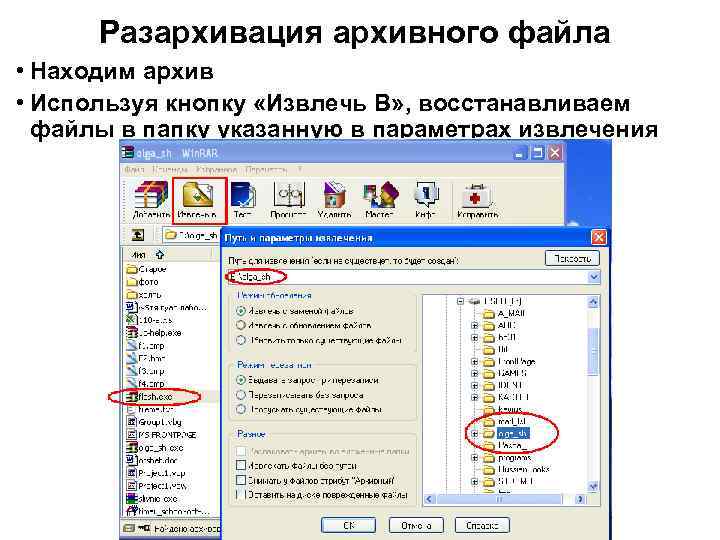 Разархивация архивного файла • Находим архив • Используя кнопку «Извлечь В» , восстанавливаем файлы