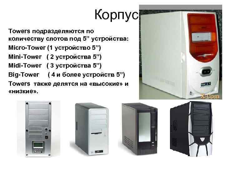 Корпус Towers подразделяются по количеству слотов под 5” устройства: Micro-Tower (1 устройство 5”) Mini-Tower