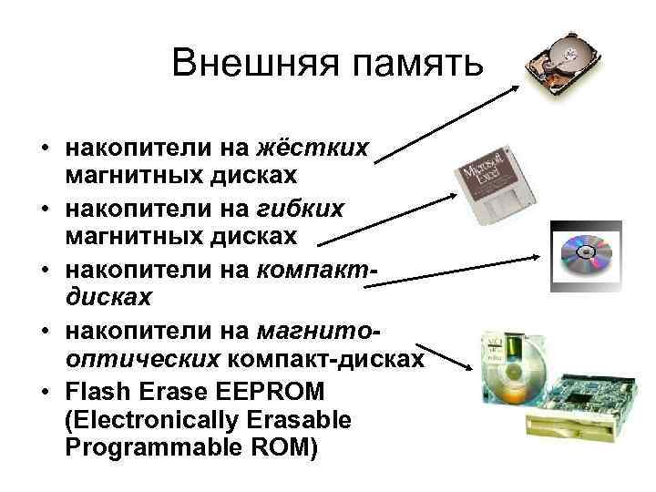 Внешняя память • накопители на жёстких магнитных дисках • накопители на гибких магнитных дисках