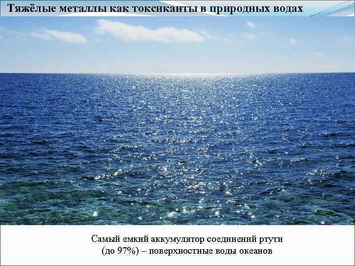 Тяжёлые металлы как токсиканты в природных водах Самый емкий аккумулятор соединений ртути (до 97%)