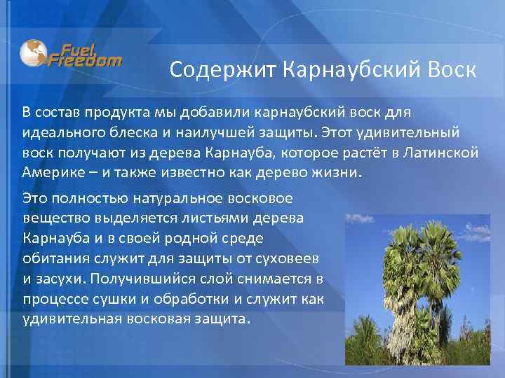 Содержит Карнаубский Воск В состав продукта мы добавили карнаубский воск для идеального блеска и