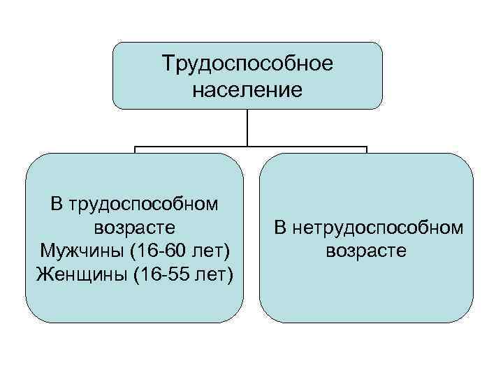 Трудоспособное население В трудоспособном возрасте Мужчины (16 -60 лет) Женщины (16 -55 лет) В