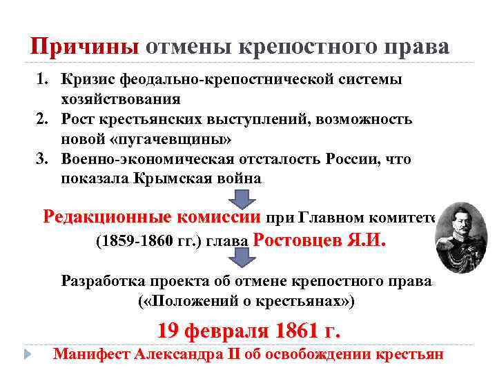 Причины отмены крепостного права 1. Кризис феодально-крепостнической системы хозяйствования 2. Рост крестьянских выступлений, возможность