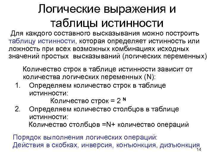 Логические выражения и таблицы истинности Для каждого составного высказывания можно построить таблицу истинности, которая