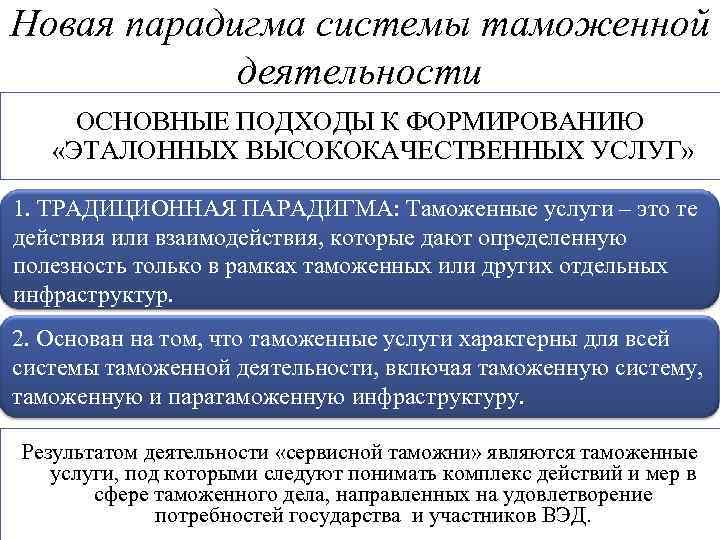 Новая парадигма системы таможенной деятельности ОСНОВНЫЕ ПОДХОДЫ К ФОРМИРОВАНИЮ «ЭТАЛОННЫХ ВЫСОКОКАЧЕСТВЕННЫХ УСЛУГ» 1. ТРАДИЦИОННАЯ