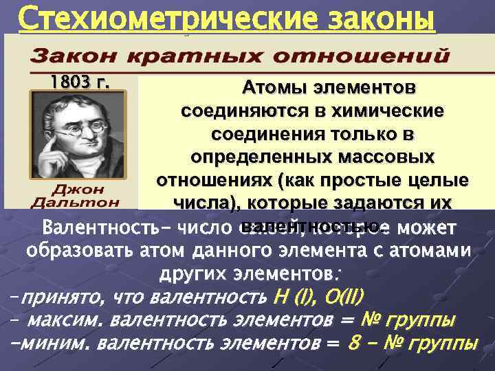 Стехиометрические законы 1803 г. Атомы элементов соединяются в химические соединения только в определенных массовых