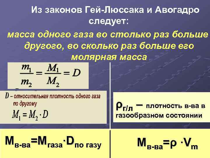 Из законов Гей-Люссака и Авогадро следует: масса одного газа во столько раз больше другого,