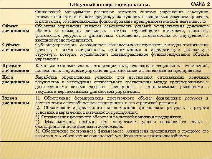 1. Научный аппарат дисциплины. Объект дисциплины Субъект дисциплины Предмет дисциплины Цели дисциплины Задачи дисциплины