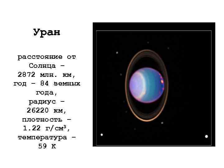 Уран расстояние от Солнца – 2872 млн. км, год – 84 земных года, радиус