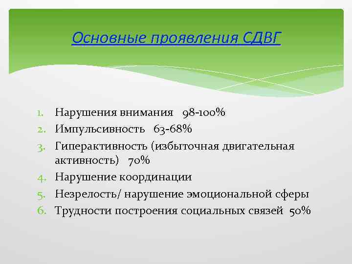 Основные проявления СДВГ 1. Нарушения внимания 98 -100% 2. Импульсивность 63 -68% 3. Гиперактивность