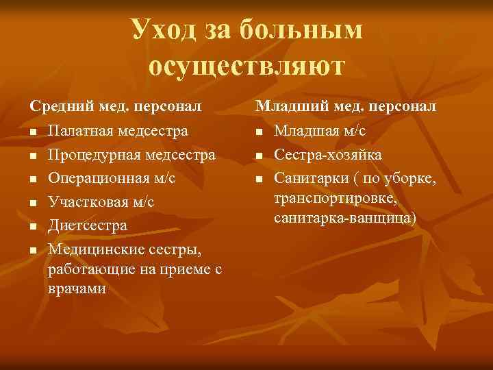 Уход за больным осуществляют Средний мед. персонал n Палатная медсестра n Процедурная медсестра n