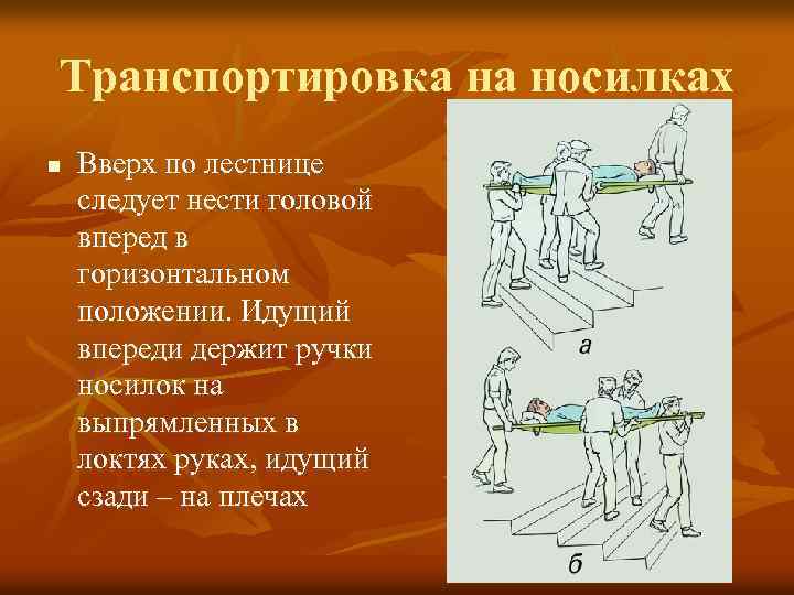 Транспортировка на носилках n Вверх по лестнице следует нести головой вперед в горизонтальном положении.