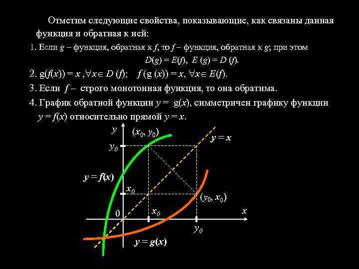 Отметим следующие свойства, показывающие, как связаны данная функция и обратная к ней: 1. Если