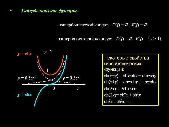  • Гиперболические функции. - гиперболический синус; D(f) = R, Е(f) = R. -