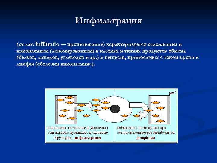 Инфильтрация (от лат. infiltratio — пропитывание) характеризуется отложением и накоплением (депонированием) в клетках и