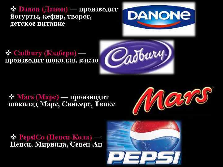 v Danon (Данон) — производит йогурты, кефир, творог, детское питание v Cadbury (Кэдбери) —