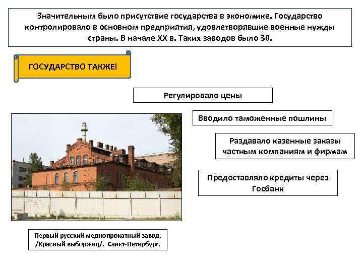 Значительным было присутствие государства в экономике. Государство контролировало в основном предприятия, удовлетворявшие военные нужды