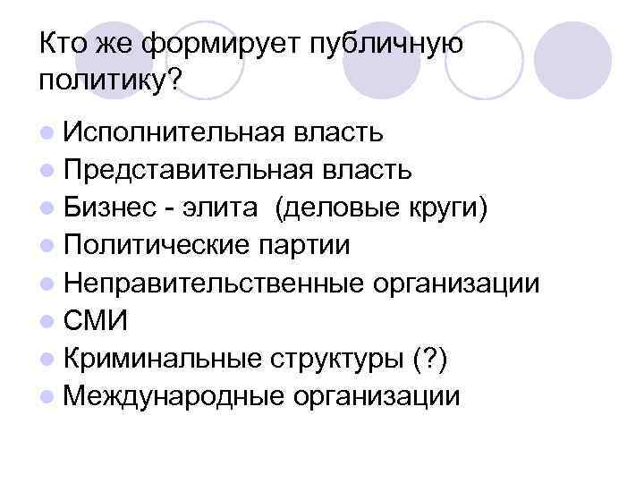 Кто же формирует публичную политику? l Исполнительная власть l Представительная власть l Бизнес -