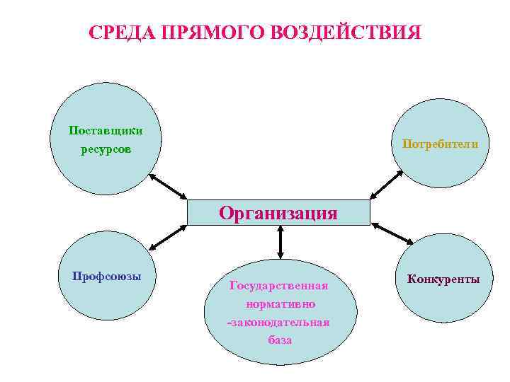 СРЕДА ПРЯМОГО ВОЗДЕЙСТВИЯ Поставщики ресурсов Потребители Организация Профсоюзы Государственная нормативно -законодательная база Конкуренты 