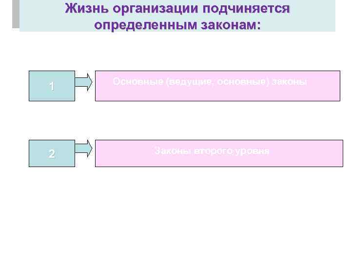 Жизнь организации подчиняется определенным законам: 1 Основные (ведущие, основные) законы 2 Законы второго уровня