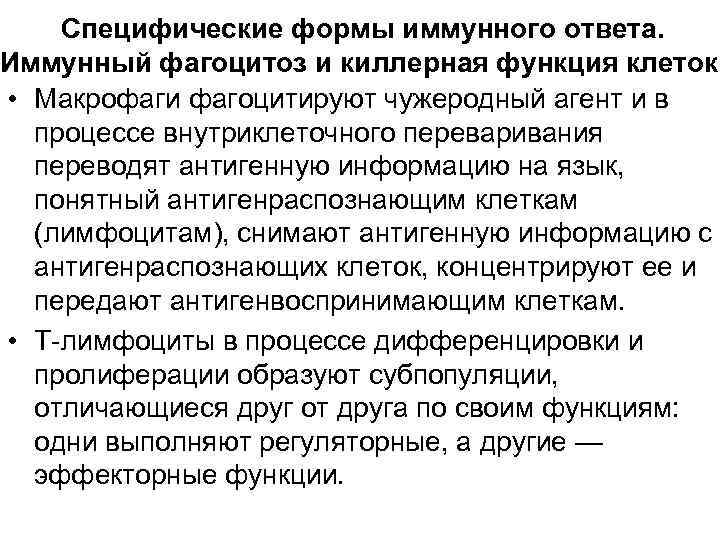 Специфические формы иммунного ответа. Иммунный фагоцитоз и киллерная функция клеток. • Макрофаги фагоцитируют чужеродный