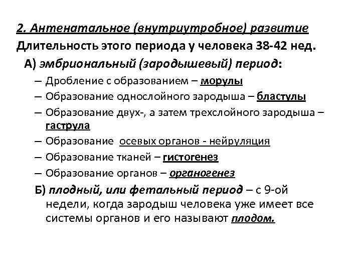 2. Антенатальное (внутриутробное) развитие Длительность этого периода у человека 38 -42 нед. А) эмбриональный