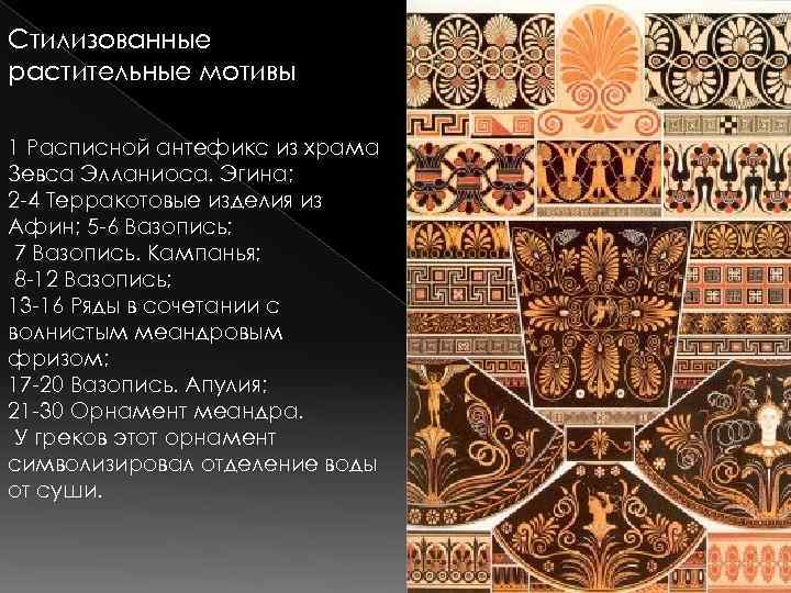Стилизованные растительные мотивы 1 Расписной антефикс из храма Зевса Элланиоса. Эгина; 2 -4 Терракотовые