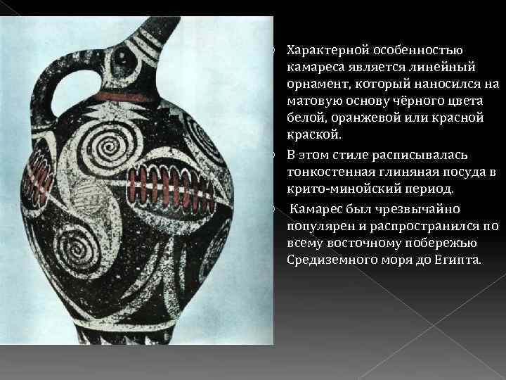 Характерной особенностью камареса является линейный орнамент, который наносился на матовую основу чёрного цвета белой,