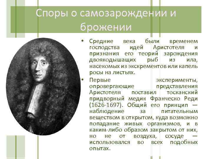 Споры о самозарождении и брожении • Средние века были временем господства идей Аристотеля и