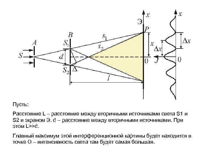 Пусть: Расстояние L – расстояние между вторичными источниками света S 1 и S 2