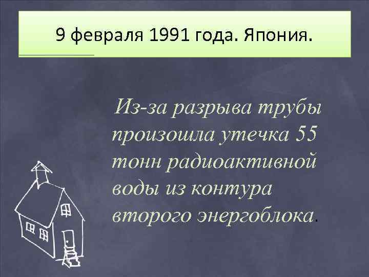 9 февраля 1991 года. Япония. Из-за разрыва трубы произошла утечка 55 тонн радиоактивной воды