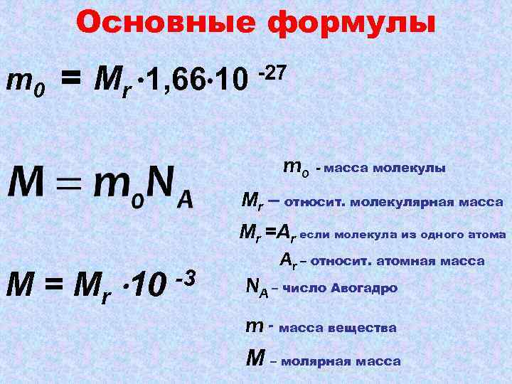 Основные формулы m 0 = Mr 1, 66 10 -27 m 0 - масса