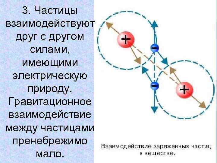 3. Частицы взаимодействуют друг с другом силами, имеющими электрическую природу. Гравитационное взаимодействие между частицами