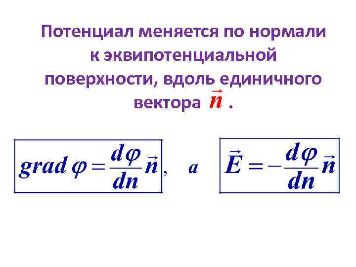 Потенциал меняется по нормали к эквипотенциальной поверхности, вдоль единичного вектора. 